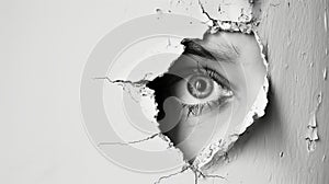 An eye looking through a torn hole in paper or wall.