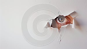 An eye looking through a torn hole in paper or wall.