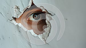 An eye looking through a torn hole in paper or wall.