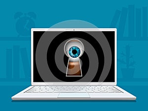 Eye looks into the keyhole on the laptop screen