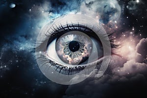 An eye made of clouds with a universe background created with generative AI technology