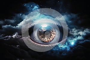 An eye made of clouds with a universe background created with generative AI technology