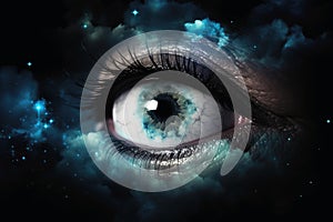 An eye made of clouds with a universe background created with generative AI technology
