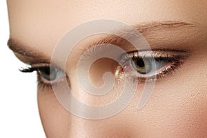 Eye makeup. Beautiful eyes make-up. Holiday makeup detail. Long