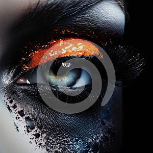 Eye makeup. Beautiful shiny eye makeup. Macro and creative close up makeup theme