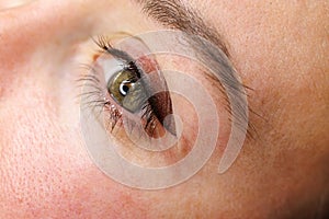 Eye after makeup procedure. Permanent make-up of the eyelids, eyelash tattooing