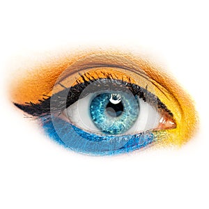 Eye with makeup on white. Vivid blue and yellow eyeshadow and black eyeliner arrow