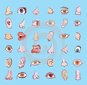 Eye nose ear and mouth collection in different expressions. icon illustration