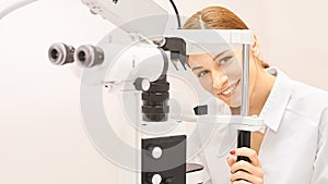 Eye ophthalmologist exam. Eyesight recovery. Astigmatism check concept. Ophthalmology diagmostic. Beauty girl portrait