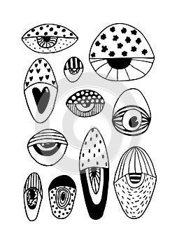 eye outline icons. abstract eyes. Open and closed eyes images, sleeping eye shapes with eyelash. Clip Art. Vector