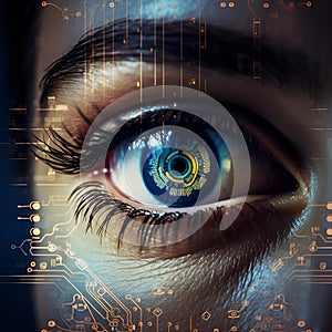 the eye of a person with a computer circuiting pattern behind them