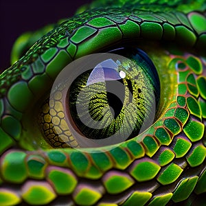 Eye of poisonous snake framed by green scales close-up, eye of a animal reptilia photo