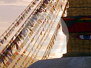 Eye and prayer flags, Boudhanath, Tibetan enclave of Kathmandu, Nepal