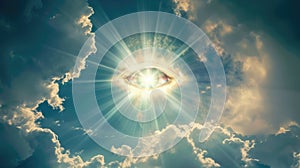 Eye of Providence in the blue sky. All-seeing God's eye. AI Generated