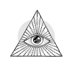 The Eye of Providence. Masonic symbol. All seeing eye in triangle with divergent rays. Black tattoo.