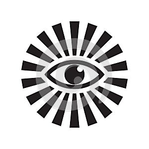 Eye with rays concept icon design. Human eye. Medicine ophthalmology sign. Conspiracy theory. Vector illustration.