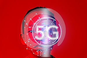 Eye recognition technology on new cyber technology 5G wireless internet wifi connection, isolated on future concept in global