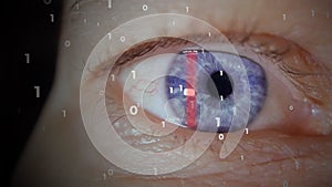 Eye scan for biometrics as digital ID, animation of binary code