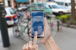 Eye scanner app on modern mobile phone. User interface flat design