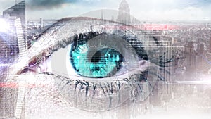 Eye scanning a futuristic interface
