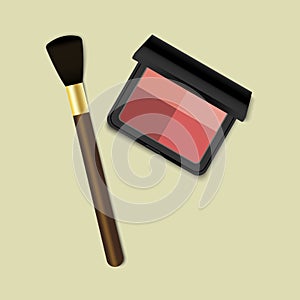 Eye shadow for makeup. Brush and cosmetic. The blush palette. Black box of cosmetics. Compact powder kit. Vector image