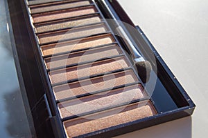 Eye shadow in a palette of brown and Nude shades with a makeup brush
