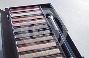 Eye shadow in a palette of brown and Nude shades with a makeup brush