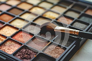 Eye shadow palettes with a variety of shades, accompanied by a professional make-up brush, set against a clean, minimalist