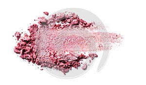 Eye shadow on a white background. Scattered blush sample for makeup. Red color.