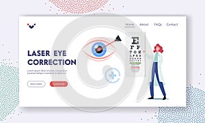 Eye Surgery Landing Page Template. Laser Correction of Myopia or Nearsightedness Diseases, Oculist Doctor Vision Test photo