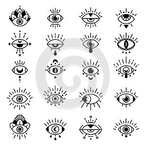 Eye symbols. Evil eyes sign, decorative alchemy tattoo symbol, hipster occult style mystic amulet  illustration