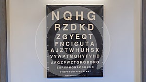 Eye test chart. Eye care test placard with latin letters. Vision Exam. Luxry table for vision check for interior