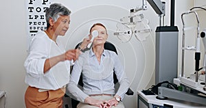Eye test, consultation and optometrist cover woman, client or patient vision for eyesight, ocular exam or assessment