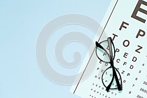 Eye test, eye examination. Glasses with transparent optical lenses on eye test chart
