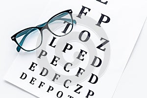 Eye test, eye examination. Glasses with transparent optical lenses on eye test chart on white background top view