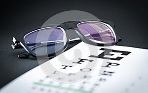 Eye test and sight exam concept. Glasses on letter chart.