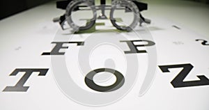 Eye test trial frame and glasses on ophthalmologist's table
