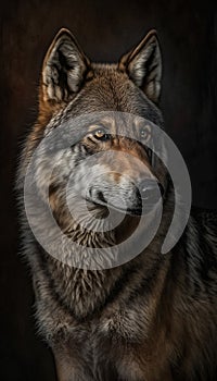 Eye to eye portrait with grey wolf female on black background. Beautiful and dangerous beast of the forest.