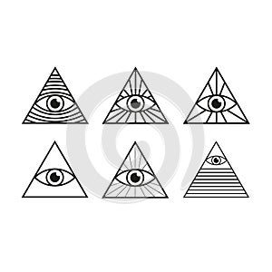 Eye in triangle set. All seeing eye pyramid collection. Illuminati mason symbol vector illustration