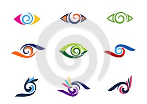 Eye vision logo, fashion, eyelashes, collection swirl eyes logos, circle optic illustration symbol, sphere vortex icon vector