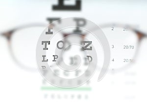 Eye vision test chart seen through eye glasses.