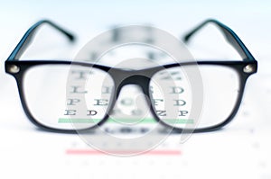 Eye vision test chart seen through eye glasses.