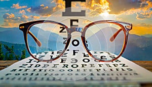 Eye vision test chart seen through eye glasses. Prescription glasses sitting on an eye test