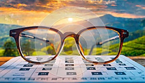 Eye vision test chart seen through eye glasses. Prescription glasses sitting on an eye test