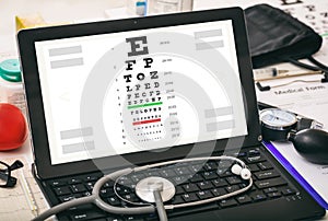 Eye vision test on a doctor`s computer screen