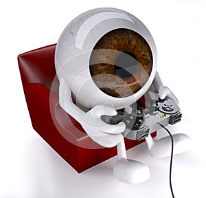 Eyeball on armchair with arms, legs and game controller