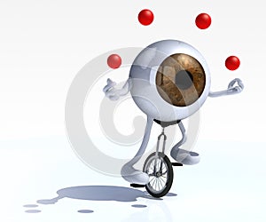 Eyeball with arms and legs rides a unicycle