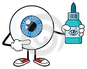 Eyeball Cartoon Mascot Character Holding A Eye Drops Plastic Bottle photo