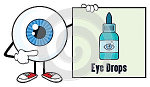 Eyeball Cartoon Mascot Character Showing A Banner With Eye Drops