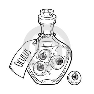 Eyeballs in glass bottle isolated. Sticker, patch, print or blackwork tattoo design hand drawn halloween art vector illustration. photo